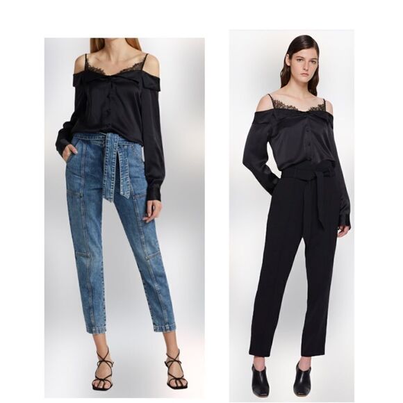 JONATHAN SIMKHAI Caylee Silk Lace Plisse Off Shoulder  Button Down Blouse Top - Picture 1 of 8